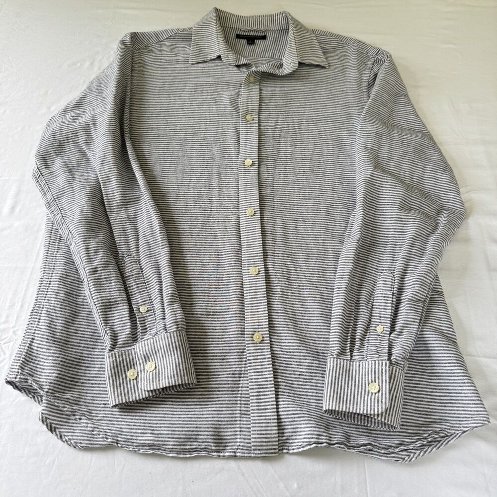 Banana Republic Button-Up 404072-00 Mens L Gray Striped Long Sleeve Linen